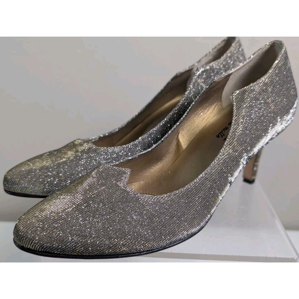 1950s Designer Shoes Vaneli di notto Silver Sparkle FabricKitten Heel 7.5 N
